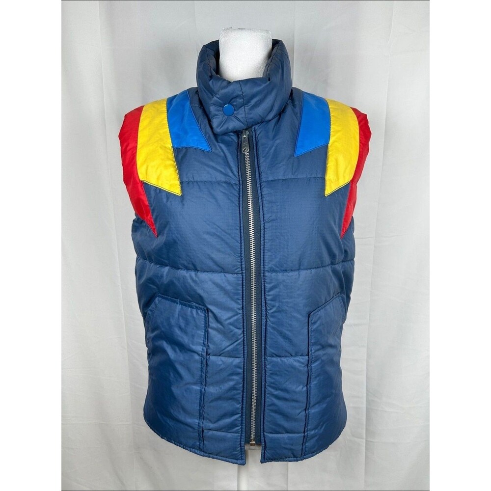 Vtg Rico Full Zip Ski Puffer Vest Women’s Small Blue Red Yellow Retro Gorpcore